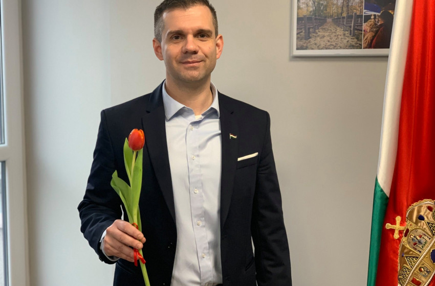 Virággal köszönti a hölgyeket Major András alpolgármester