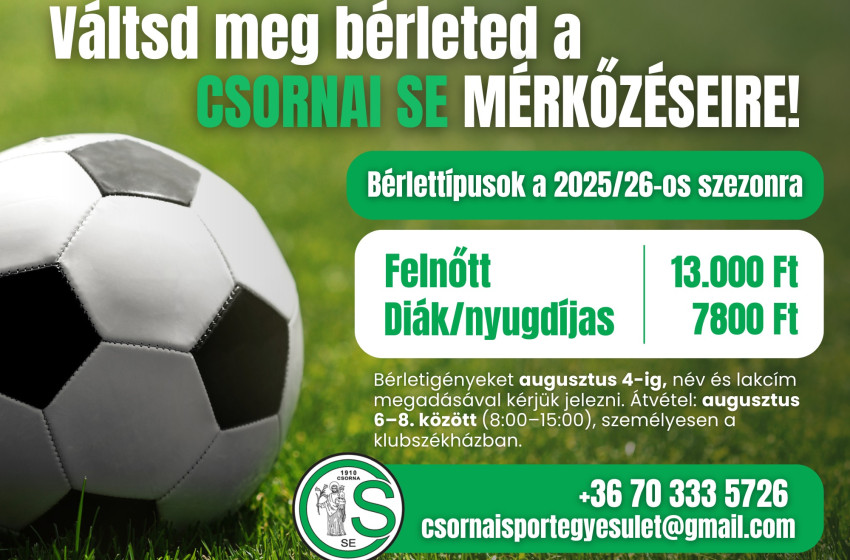 Már igényelhetők a Csornai SE szezonbérletei