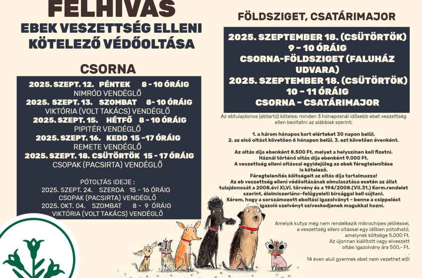 Kötelező veszettség elleni oltás Csornán és környékén – szeptemberben több időpontban várják a kutyatulajdonosokat