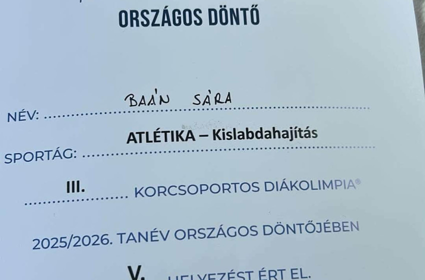 Országos ötödik helyezést ért el Baán Sára a Diákolimpia döntőjében