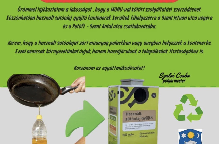 Vitnyéden ismét elérhető a használt sütőolaj szelektív gyűjtése