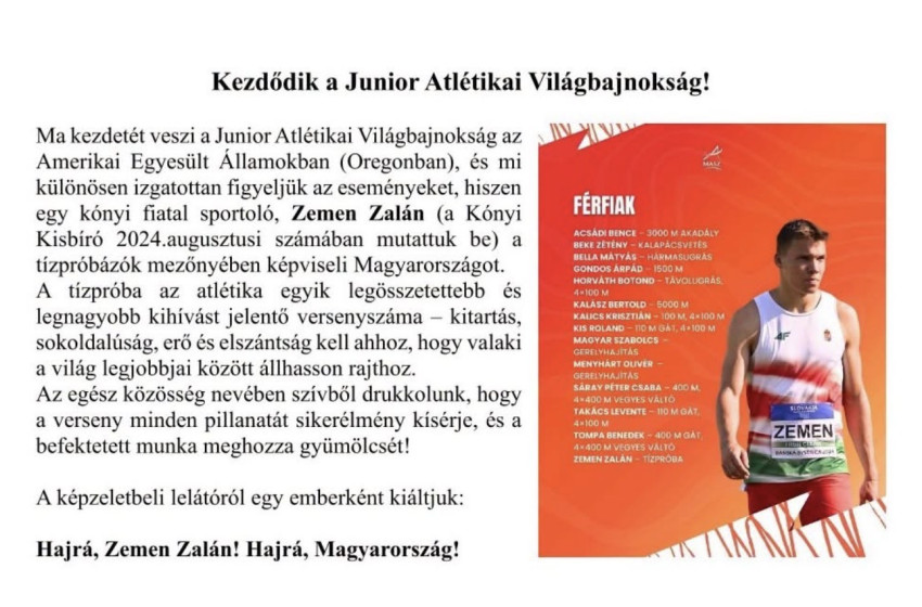 Kóny büszkesége a világbajnokságon – Zemen Zalán a junior atlétikai vb tízpróbázói között