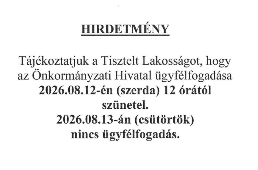 Változik az ügyfélfogadás Páliban: szerdán déltől szünetel, csütörtökön nem lesz ügyintézés