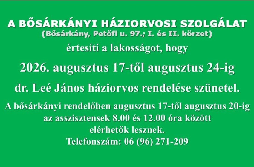 Átmenetileg szünetel az orvosi rendelés Bősárkányban